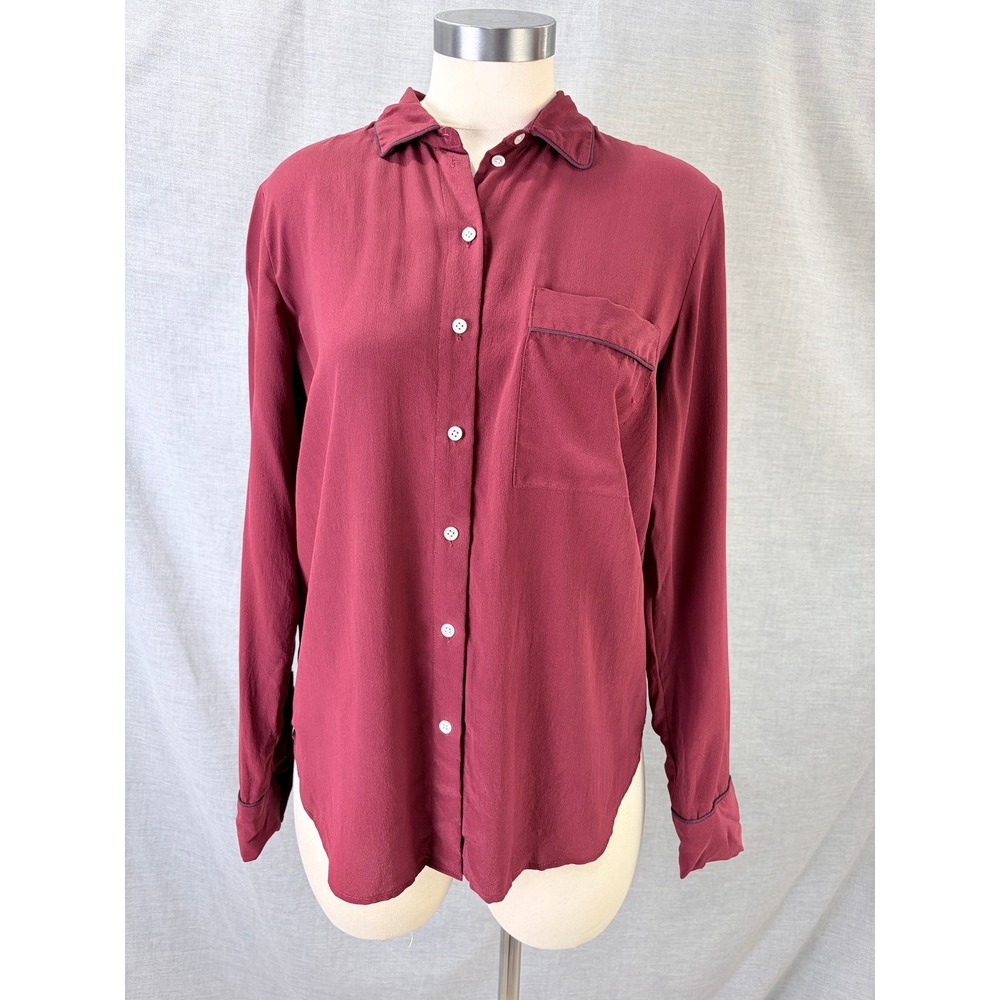 Everlane Burgundy Silk Shirt Navy Piping Pajama Style Button Down Size 6